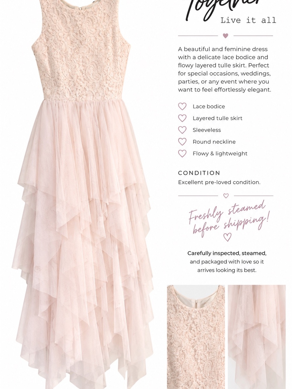 Sleeveless Lace & Layered Tulle Dress - Blush Pink